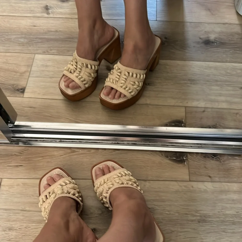Bernardo Cream Beaded Crochet Platform Sandals